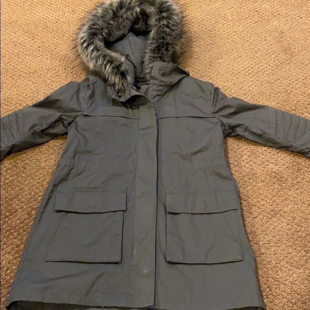 Vince Dark Grey Girls Trench Coat with Fur Hood Size 6